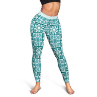 Cyan Palaka Quilt Hawaii Leggings Hawaiian Tropical Monstera Sea Turtle