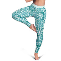 Cyan Palaka Quilt Hawaii Leggings Hawaiian Tropical Monstera Sea Turtle