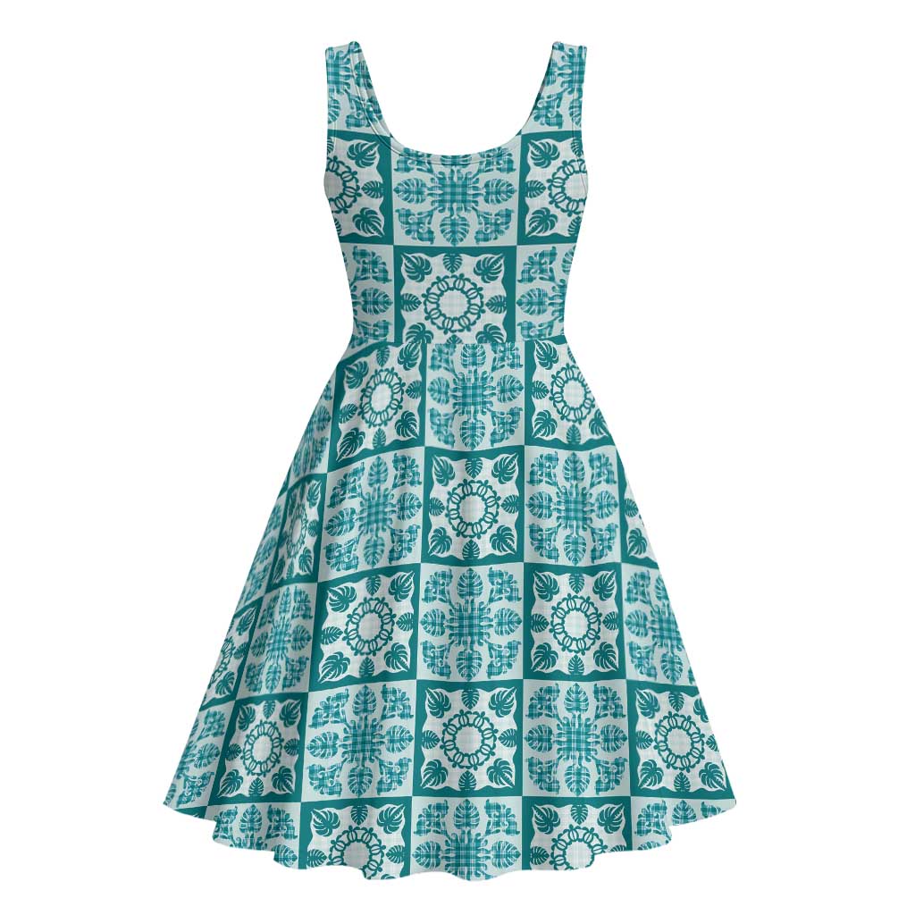 Cyan Palaka Quilt Hawaii Midi Dress Hawaiian Tropical Monstera Sea Turtle