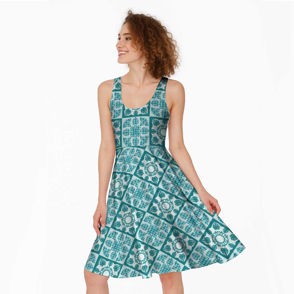 Cyan Palaka Quilt Hawaii Midi Dress Hawaiian Tropical Monstera Sea Turtle