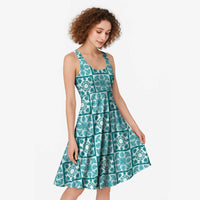 Cyan Palaka Quilt Hawaii Midi Dress Hawaiian Tropical Monstera Sea Turtle