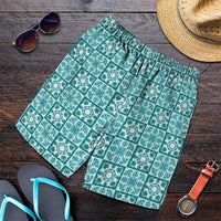 Cyan Palaka Quilt Hawaii Shorts for Men Hawaiian Tropical Monstera Sea Turtle