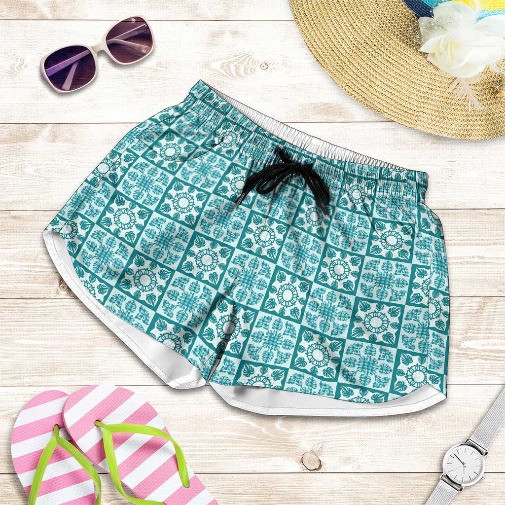Cyan Palaka Quilt Hawaii Shorts for Women Hawaiian Tropical Monstera Sea Turtle