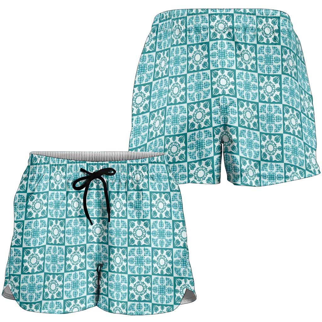 Cyan Palaka Quilt Hawaii Shorts for Women Hawaiian Tropical Monstera Sea Turtle