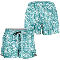 Cyan Palaka Quilt Hawaii Shorts for Women Hawaiian Tropical Monstera Sea Turtle