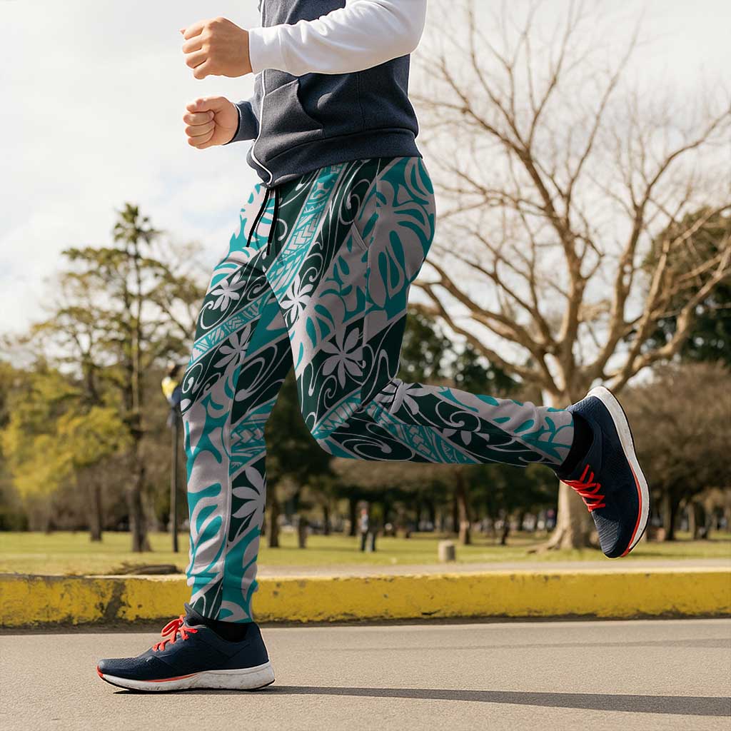Cyan Tahiti Tiare Monstera Jogger Pants Polynesian Pattern Curve Style - Polynesian Pride