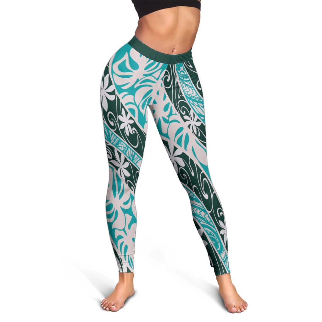 Cyan Tahiti Tiare Monstera Leggings Polynesian Pattern Curve Style - Polynesian Pride
