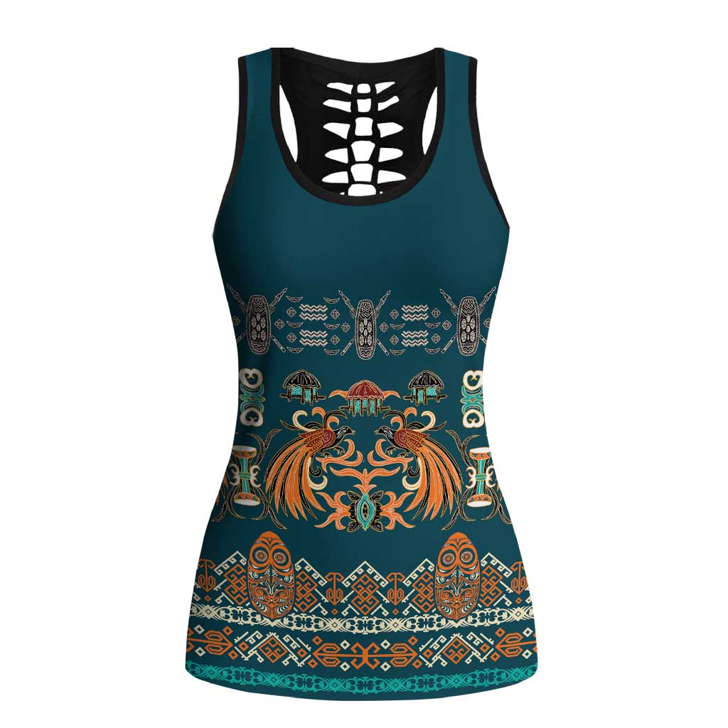 Dark Cyan Blue Batik Papua-inspired Pattern Hollow Tank Top - Polynesian Pride