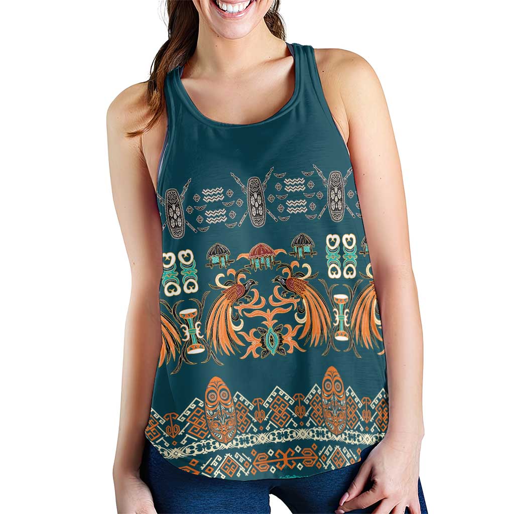 Dark Cyan Blue Batik Papua-inspired Pattern Women Racerback Tank - Polynesian Pride