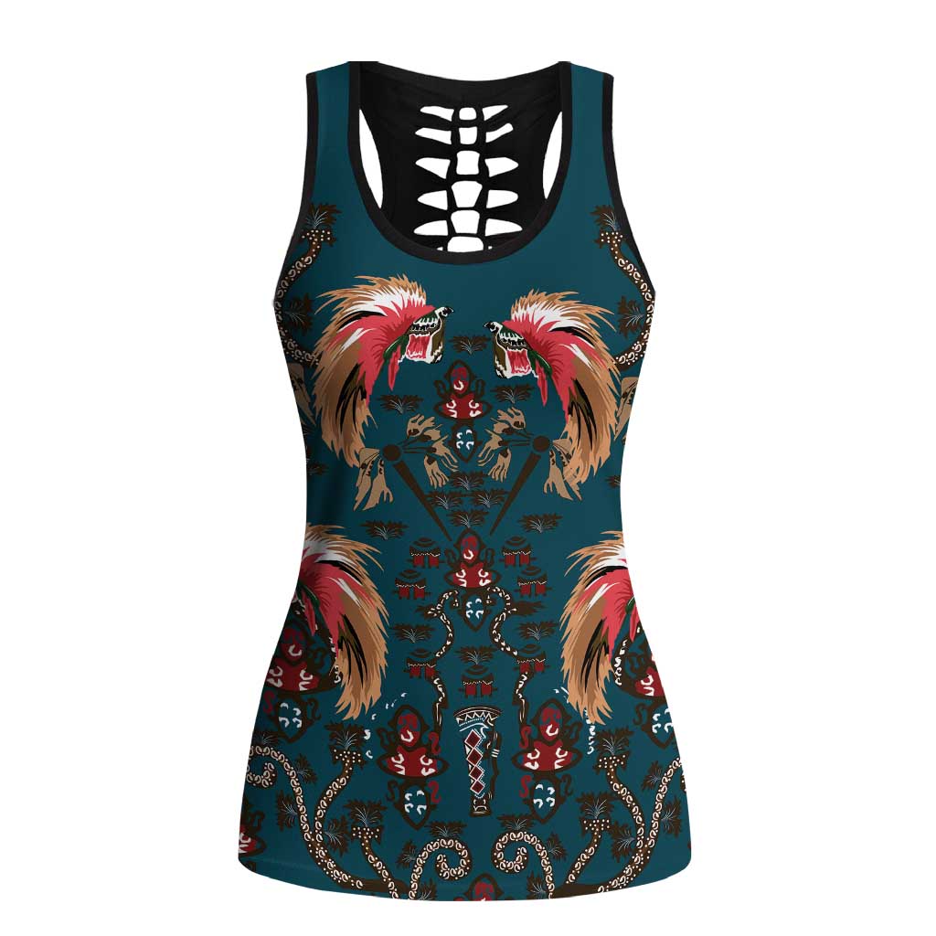 Dark Cyan Blue Bird of Batik Papua Hollow Tank Top Exotic Natural Wealth of Papua LT9 Female Blue - Polynesian Pride