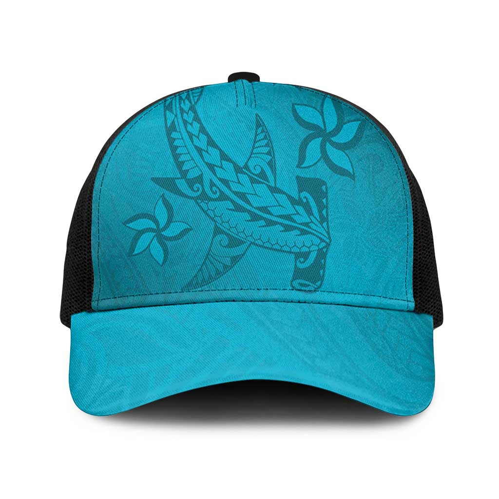 Dark Cyan Gradient Polynesia Baseball Net Cap Hawaiian Tribal Hammerhead Shark Tattoo - Polynesian Pride