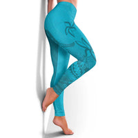 Dark Cyan Gradient Polynesia Leggings Hawaiian Tribal Hammerhead Shark Tattoo - Polynesian Pride