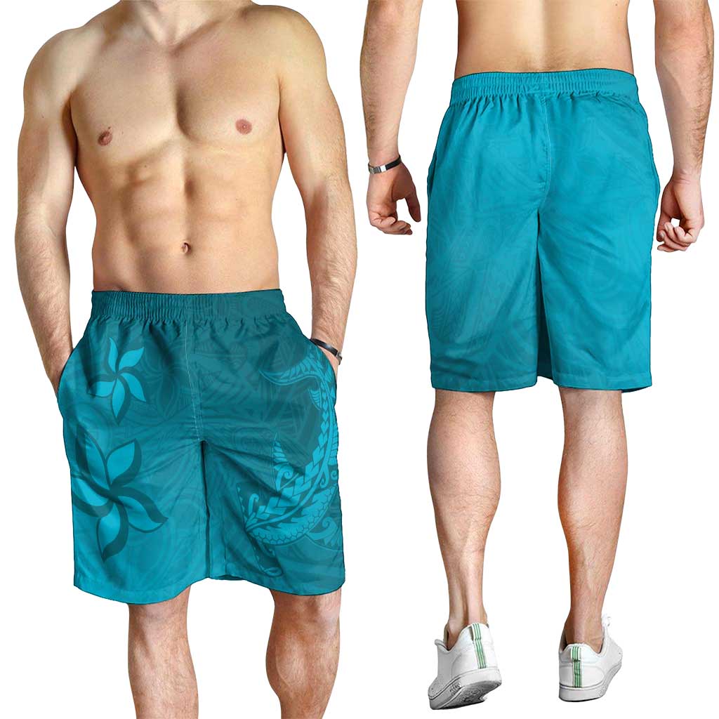 Dark Cyan Gradient Polynesia Shorts for Men Hawaiian Tribal Hammerhead Shark Tattoo - Polynesian Pride