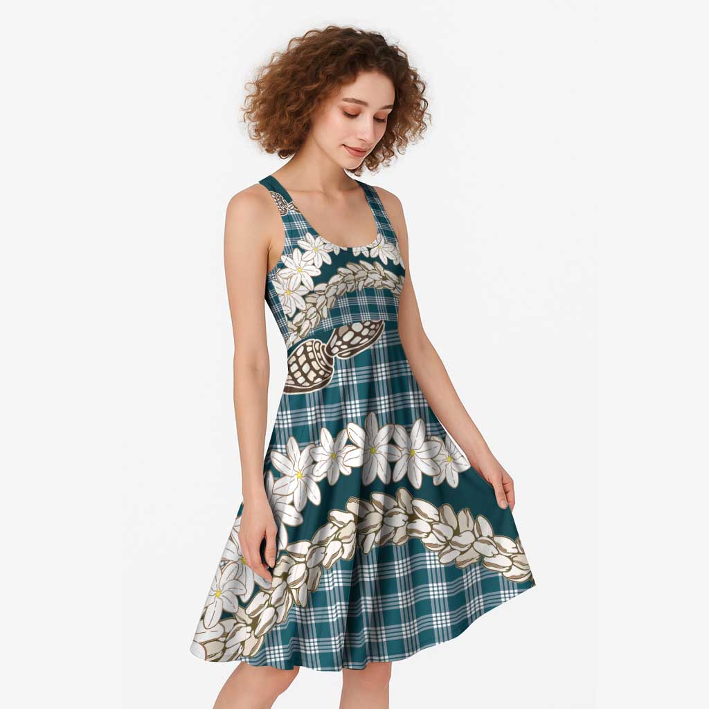 Dark Cyan Hawaii Tiare and Shell Lei Midi Dress Hawaiian Palaka Luxury Vibes - Polynesian Pride