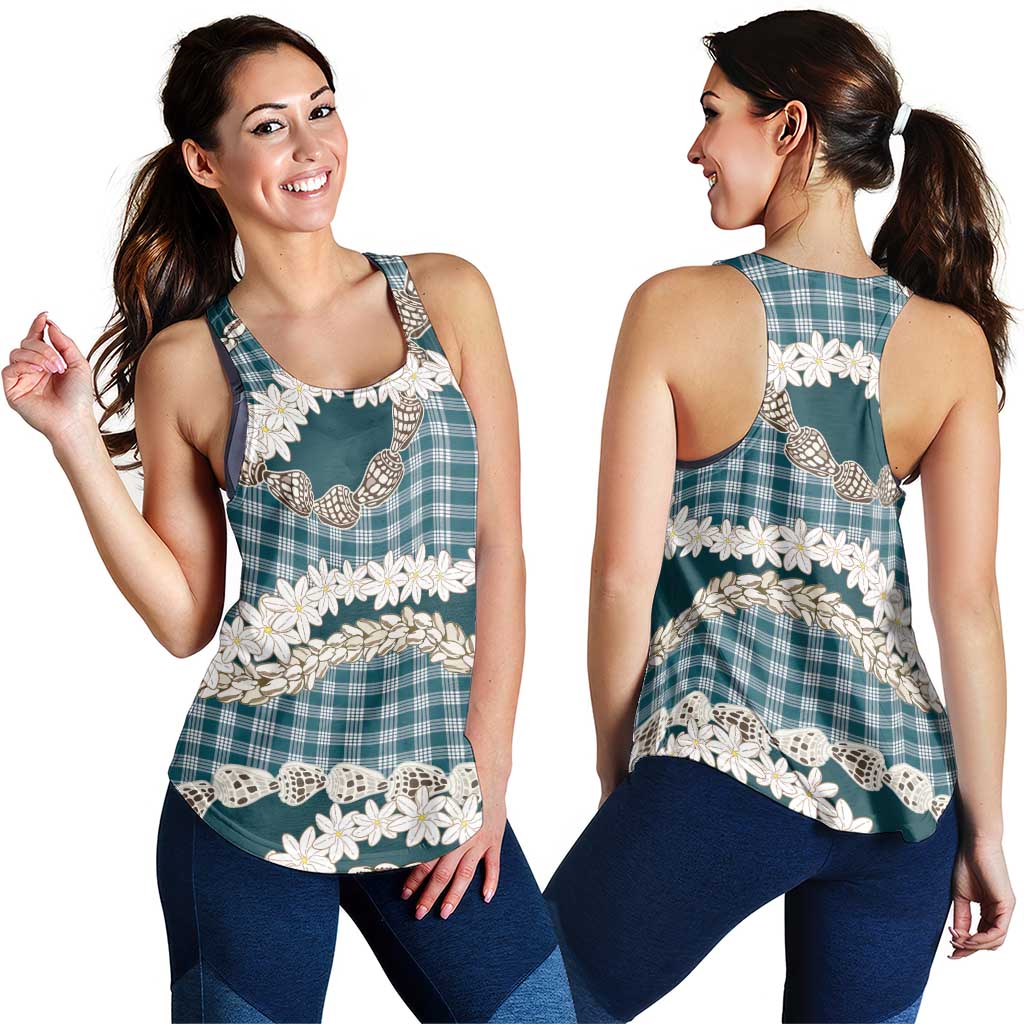 Dark Cyan Hawaii Tiare and Shell Lei Women Racerback Tank Hawaiian Palaka Luxury Vibes - Polynesian Pride