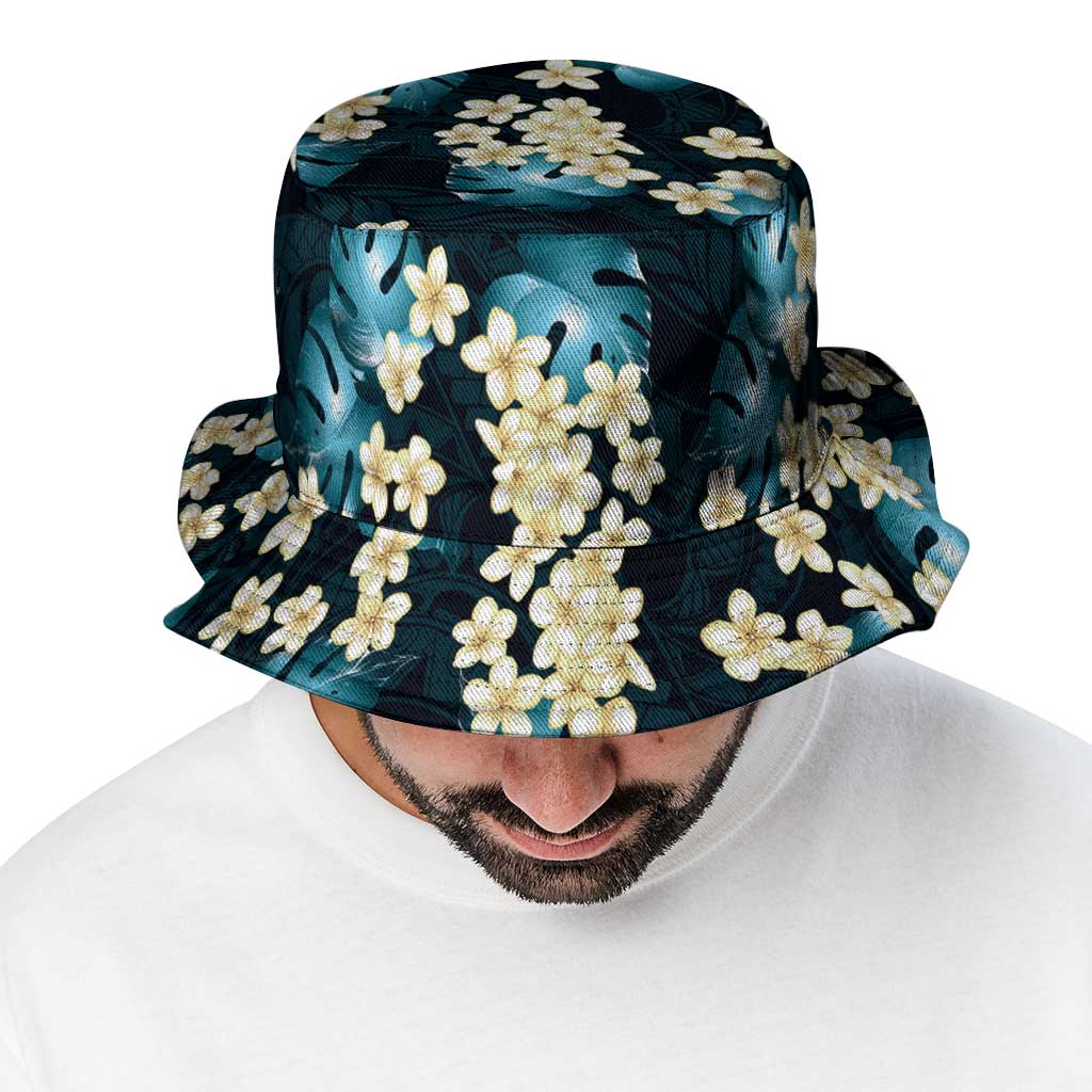 Dark Cyan Tropical Hawaii Bucket Hat Seamless Monstera Plumeria Hawaiian Pattern - Polynesian Pride