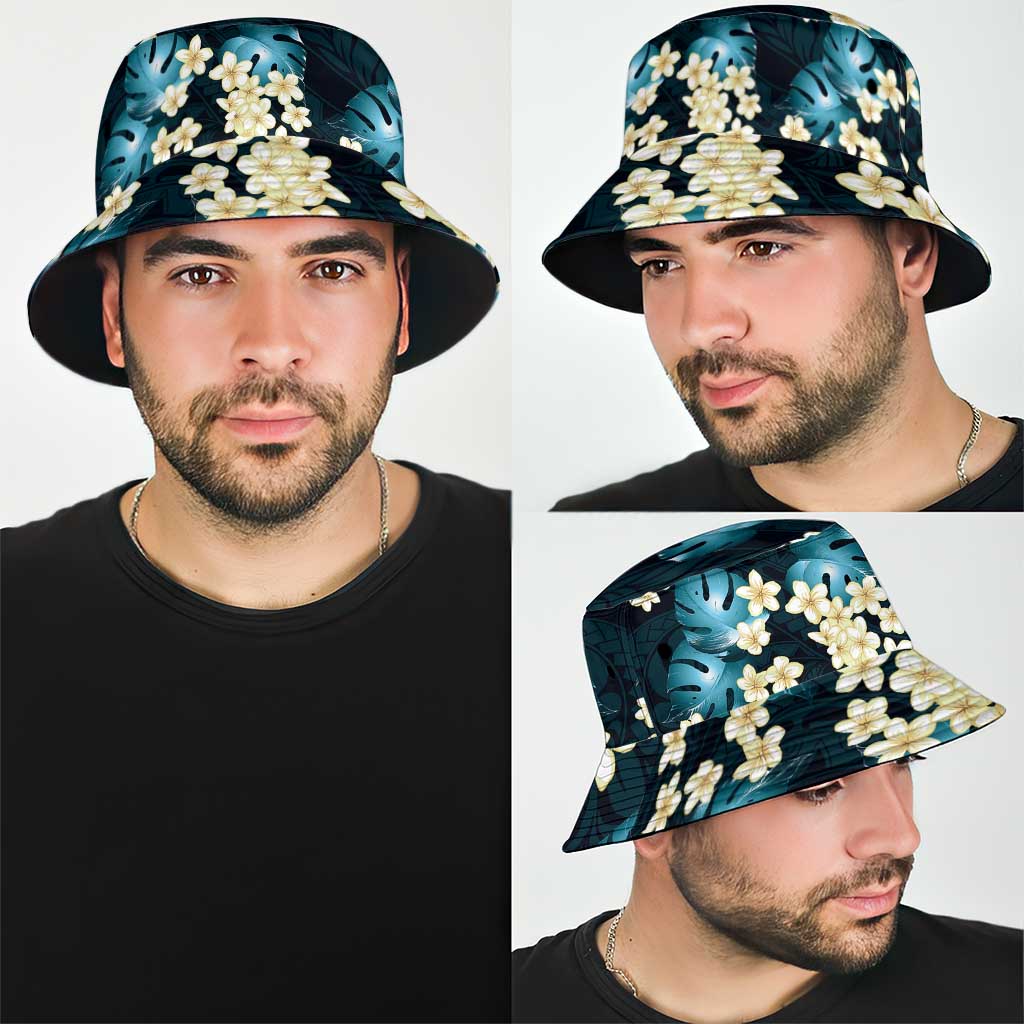 Dark Cyan Tropical Hawaii Bucket Hat Seamless Monstera Plumeria Hawaiian Pattern - Polynesian Pride