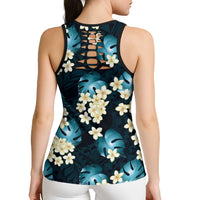 Dark Cyan Tropical Hawaii Hollow Tank Top Seamless Monstera Plumeria Hawaiian Pattern - Polynesian Pride