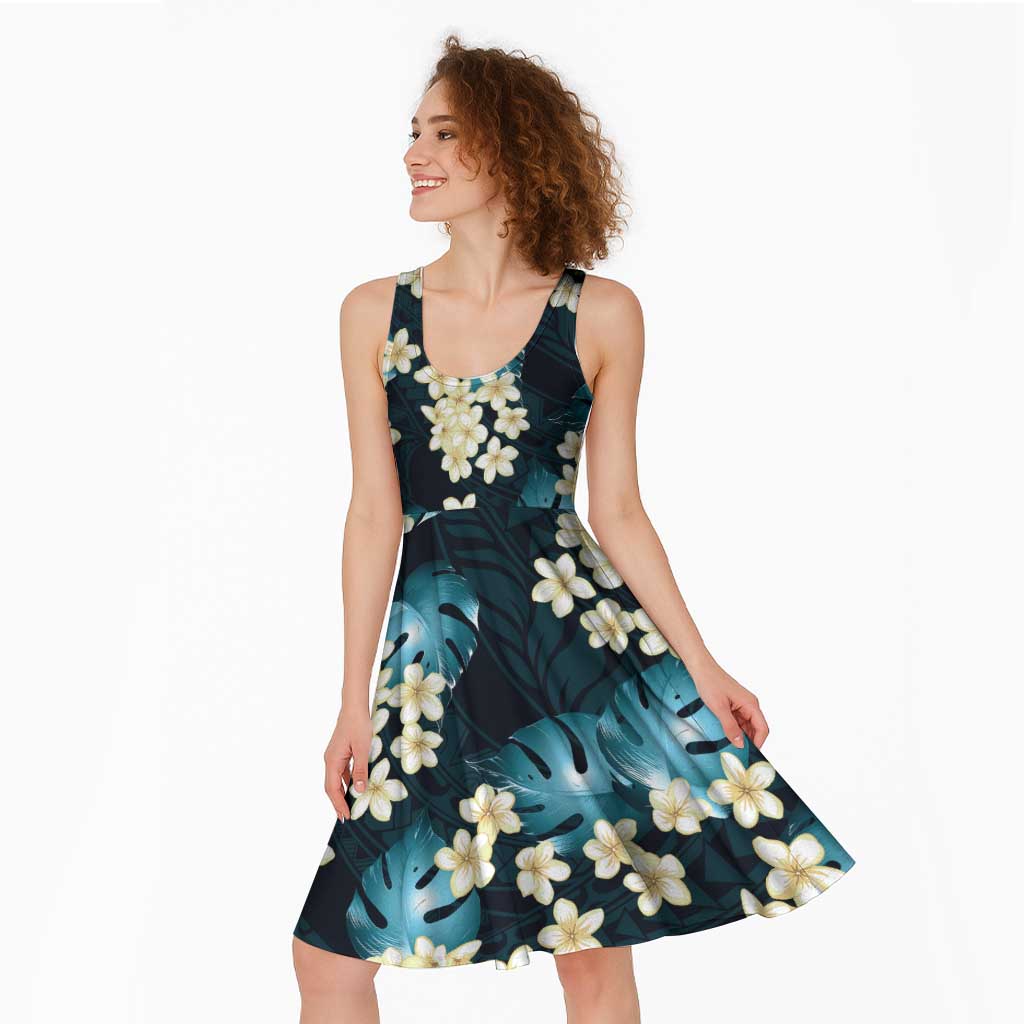Dark Cyan Tropical Hawaii Midi Dress Seamless Monstera Plumeria Hawaiian Pattern - Polynesian Pride
