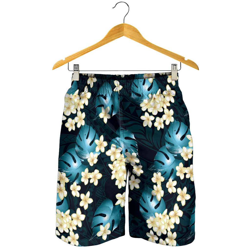 Dark Cyan Tropical Hawaii Shorts for Men Seamless Monstera Plumeria Hawaiian Pattern - Polynesian Pride