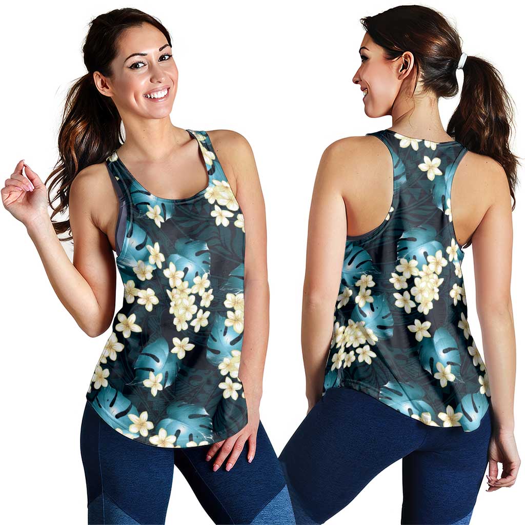 Dark Cyan Tropical Hawaii Women Racerback Tank Seamless Monstera Plumeria Hawaiian Pattern - Polynesian Pride