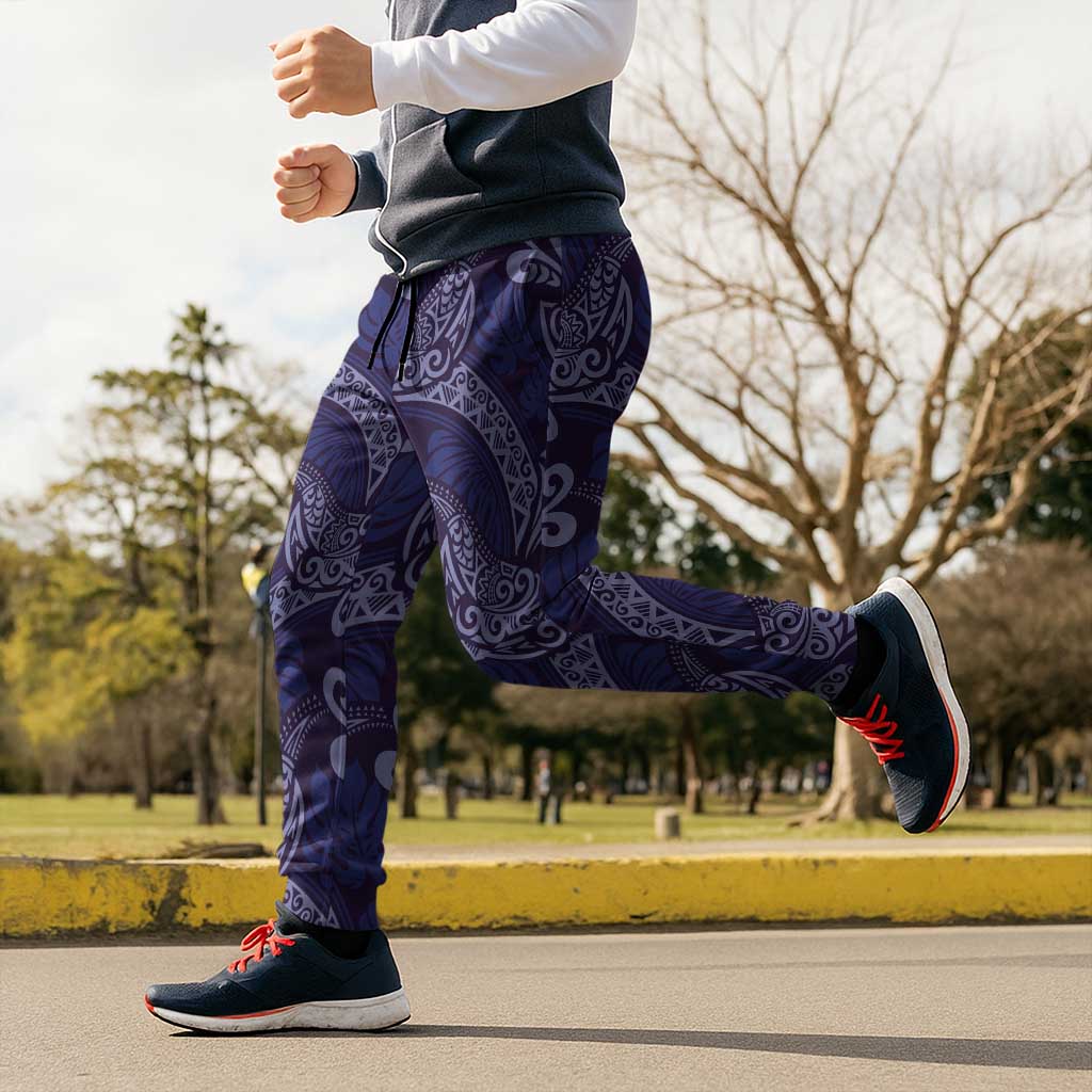 Deep Blue Monstera Jogger Pants Polynesian Tribal Pattern - Polynesian Pride