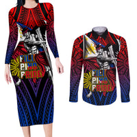 Filipinos Lapu-lapu Hero Couples Matching Long Sleeve Bodycon Dress and Long Sleeve Button Shirt Philippines Flag and Sun DT02 Art - Polynesian Pride