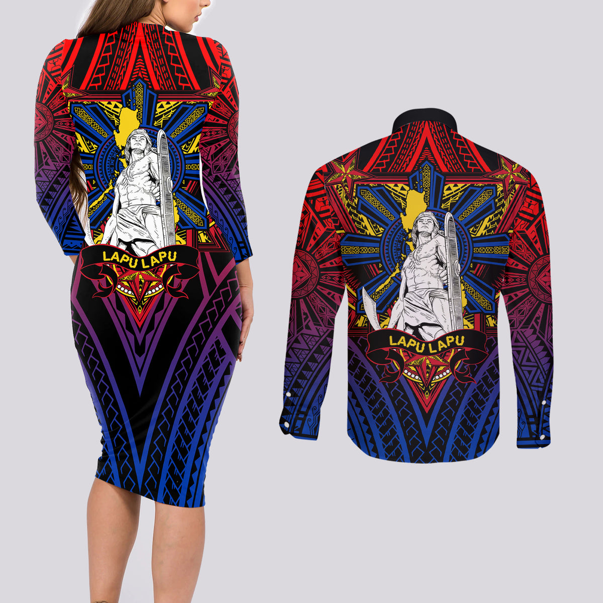 Filipinos Lapu-lapu Hero Couples Matching Long Sleeve Bodycon Dress and Long Sleeve Button Shirt Philippines Flag and Sun DT02 - Polynesian Pride