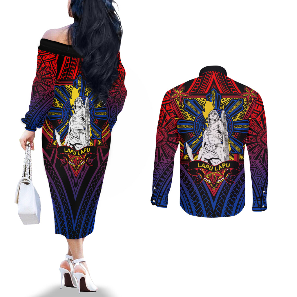 Filipinos Lapu-lapu Hero Couples Matching Off The Shoulder Long Sleeve Dress and Long Sleeve Button Shirt Philippines Flag and Sun DT02 - Polynesian Pride