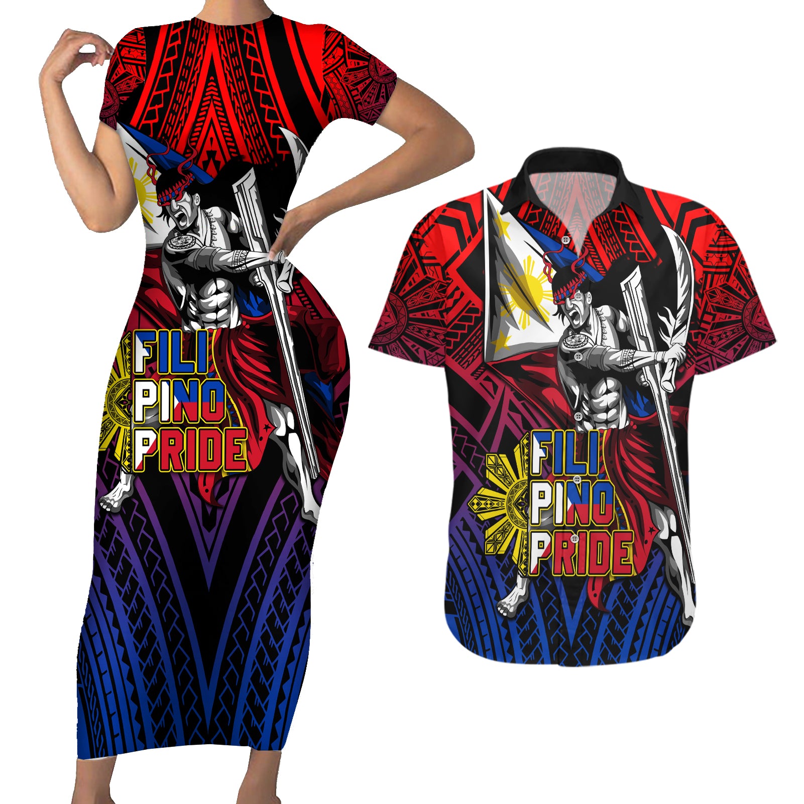 Filipinos Lapu-lapu Hero Couples Matching Short Sleeve Bodycon Dress and Hawaiian Shirt Philippines Flag and Sun DT02 Art - Polynesian Pride