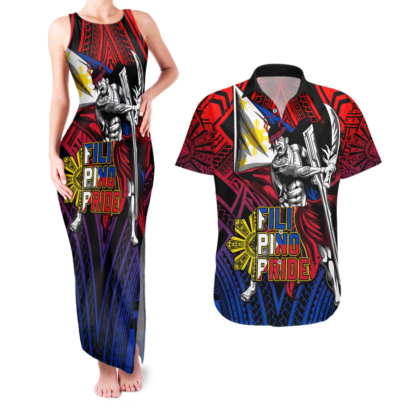 Filipinos Lapu-lapu Hero Couples Matching Tank Maxi Dress and Hawaiian Shirt Philippines Flag and Sun DT02 Art - Polynesian Pride