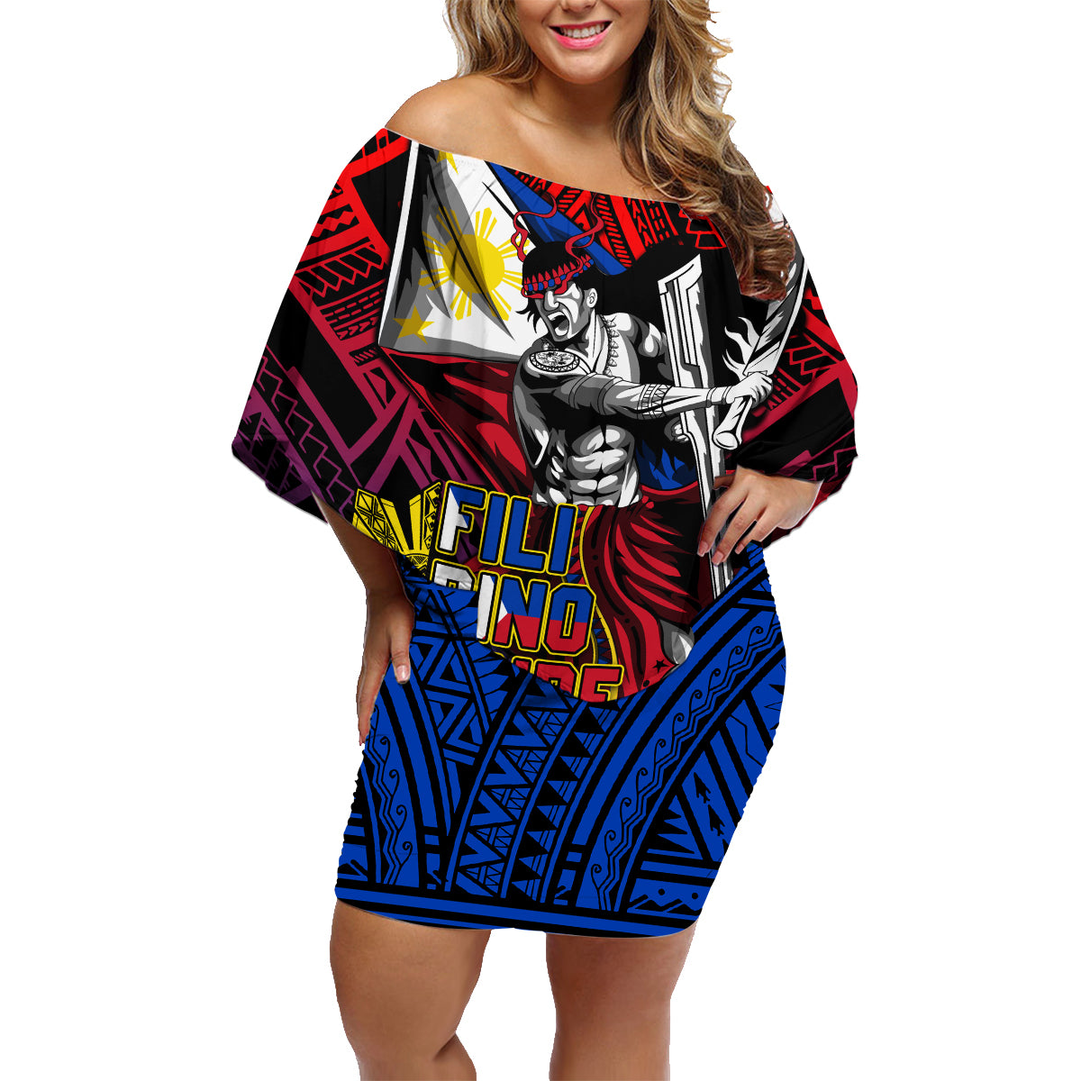 Filipinos Lapu-lapu Hero Family Matching Off Shoulder Short Dress and Hawaiian Shirt Philippines Flag and Sun DT02 Mom's Dress Art - Polynesian Pride