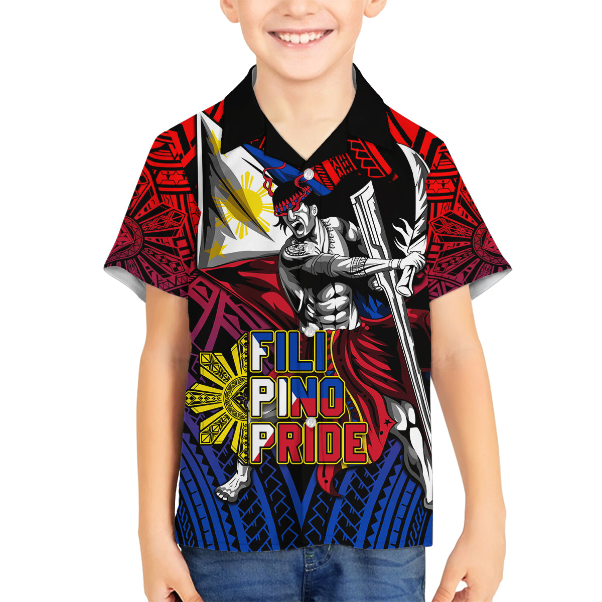 Filipinos Lapu-lapu Hero Family Matching Off Shoulder Short Dress and Hawaiian Shirt Philippines Flag and Sun DT02 Son's Shirt Art - Polynesian Pride