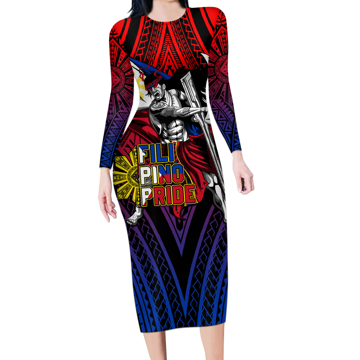 Filipinos Lapu-lapu Hero Long Sleeve Bodycon Dress Philippines Flag and Sun DT02 Long Dress Art - Polynesian Pride
