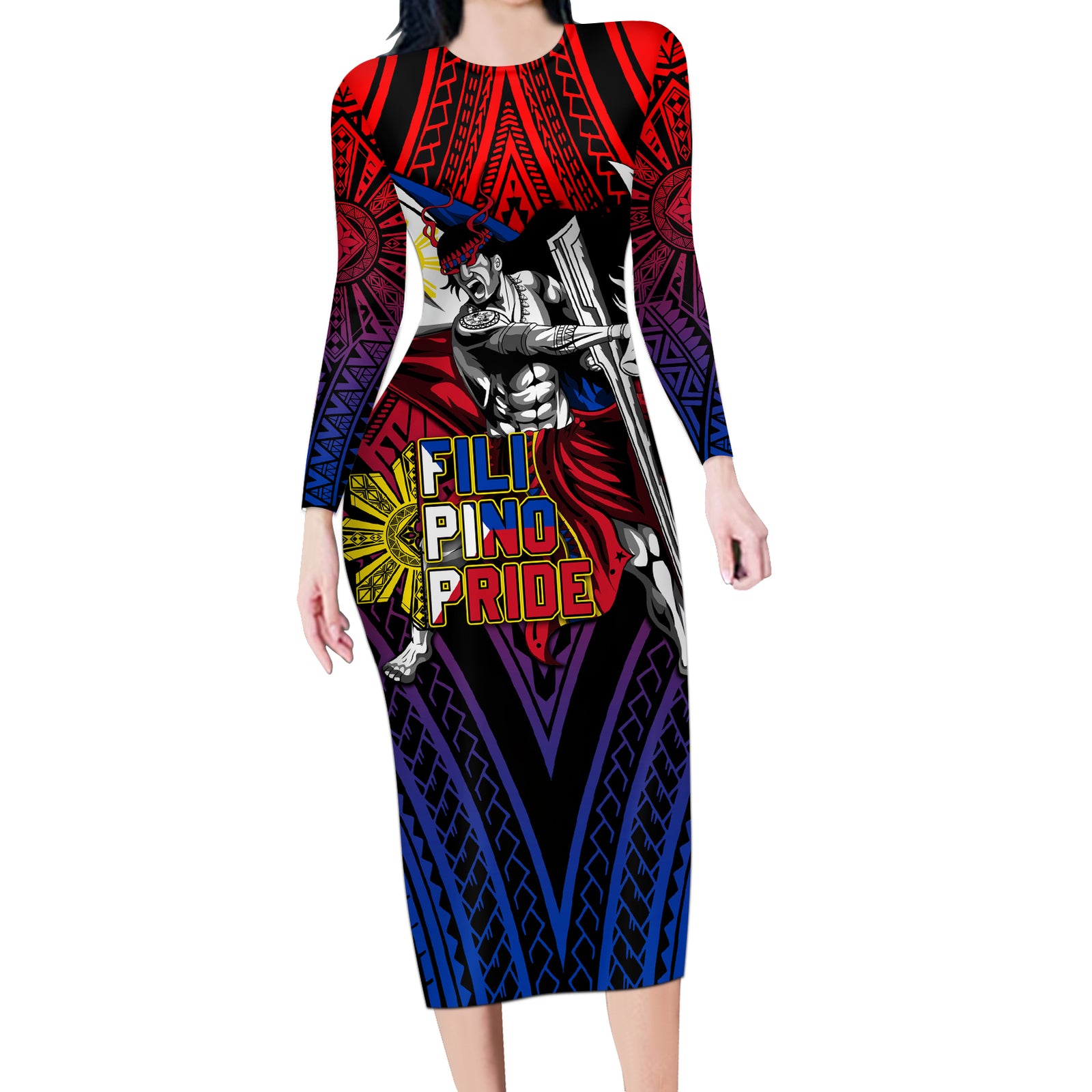 Filipinos Lapu-lapu Hero Long Sleeve Bodycon Dress Philippines Flag and Sun DT02 Long Dress Art - Polynesian Pride