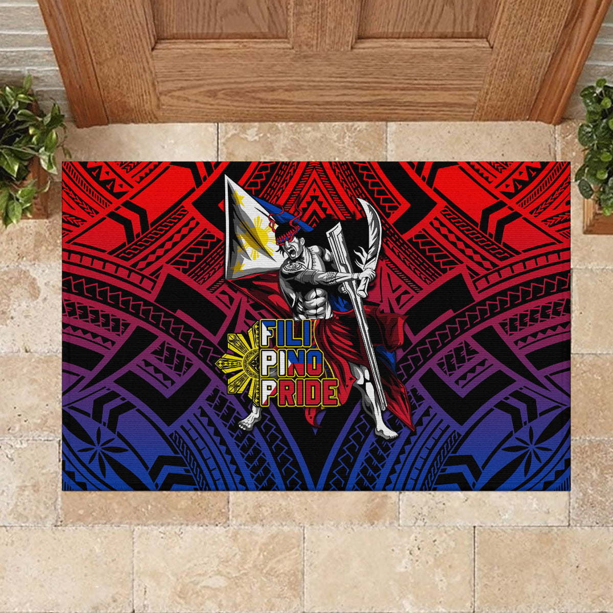 Filipinos Lapu-lapu Hero Rubber Doormat Philippines Flag and Sun DT02 - Polynesian Pride