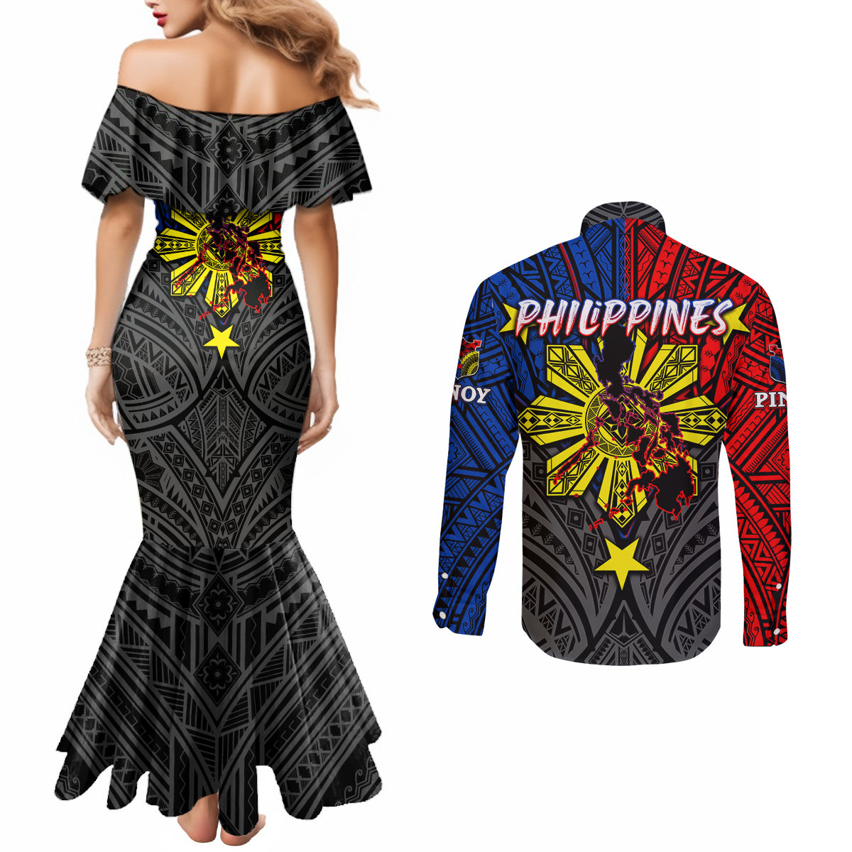 Philippines Half Sleeve Tattoo Couples Matching Mermaid Dress and Long Sleeve Button Shirt Pinoy Filipinos Sun DT02 - Polynesian Pride