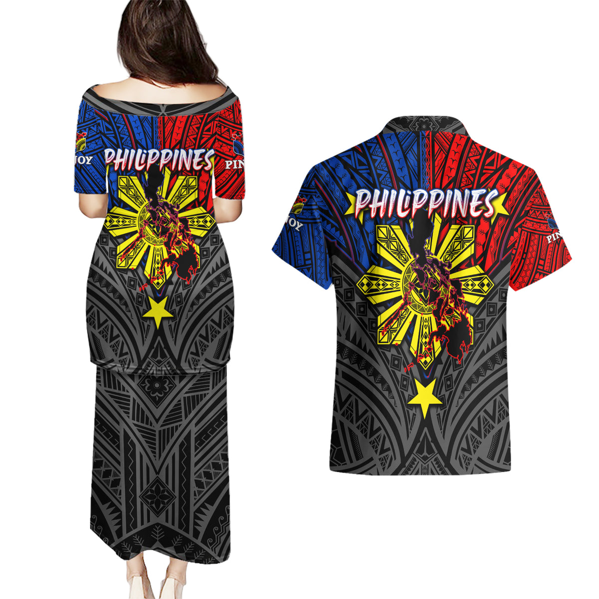 Philippines Half Sleeve Tattoo Couples Matching Puletasi Dress and Hawaiian Shirt Pinoy Filipinos Sun DT02 - Polynesian Pride