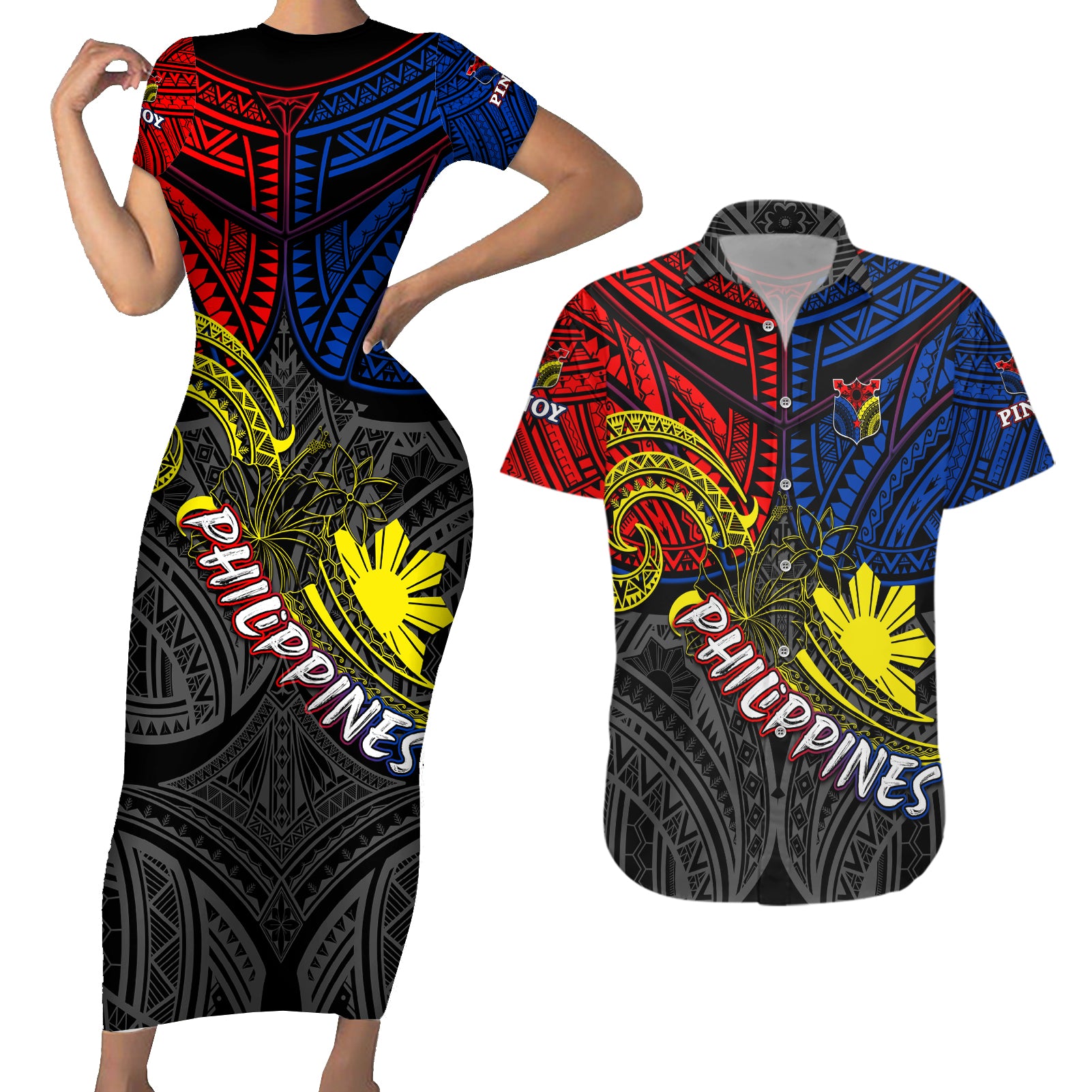 Philippines Half Sleeve Tattoo Couples Matching Short Sleeve Bodycon Dress and Hawaiian Shirt Pinoy Filipinos Sun DT02 Art - Polynesian Pride