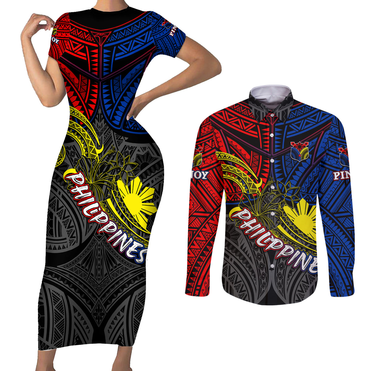Philippines Half Sleeve Tattoo Couples Matching Short Sleeve Bodycon Dress and Long Sleeve Button Shirt Pinoy Filipinos Sun DT02 Art - Polynesian Pride