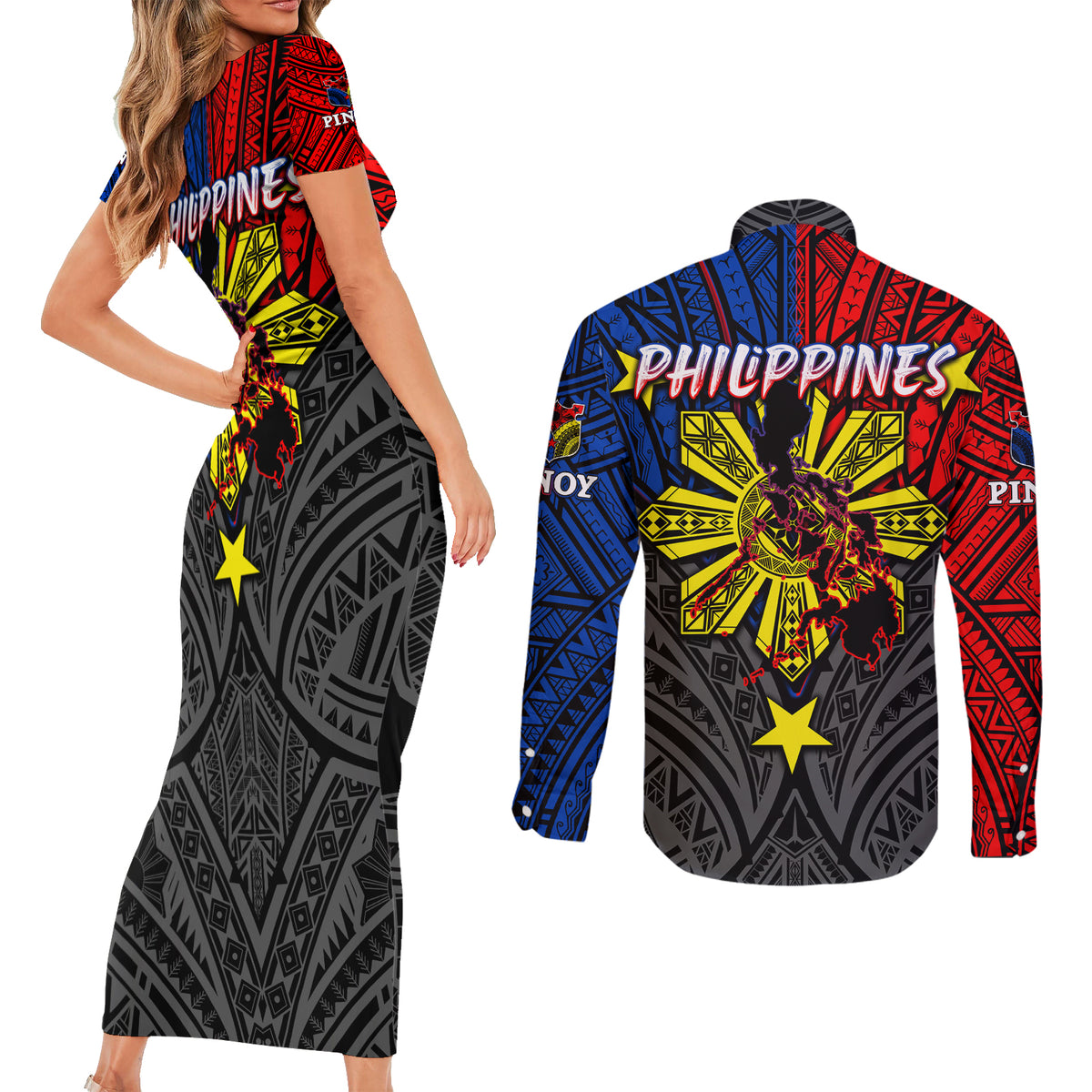Philippines Half Sleeve Tattoo Couples Matching Short Sleeve Bodycon Dress and Long Sleeve Button Shirt Pinoy Filipinos Sun DT02 - Polynesian Pride