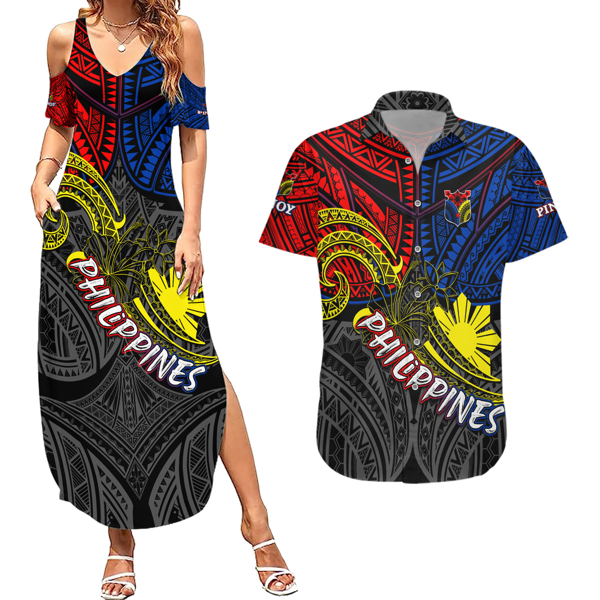 Philippines Half Sleeve Tattoo Couples Matching Summer Maxi Dress and Hawaiian Shirt Pinoy Filipinos Sun DT02 Art - Polynesian Pride