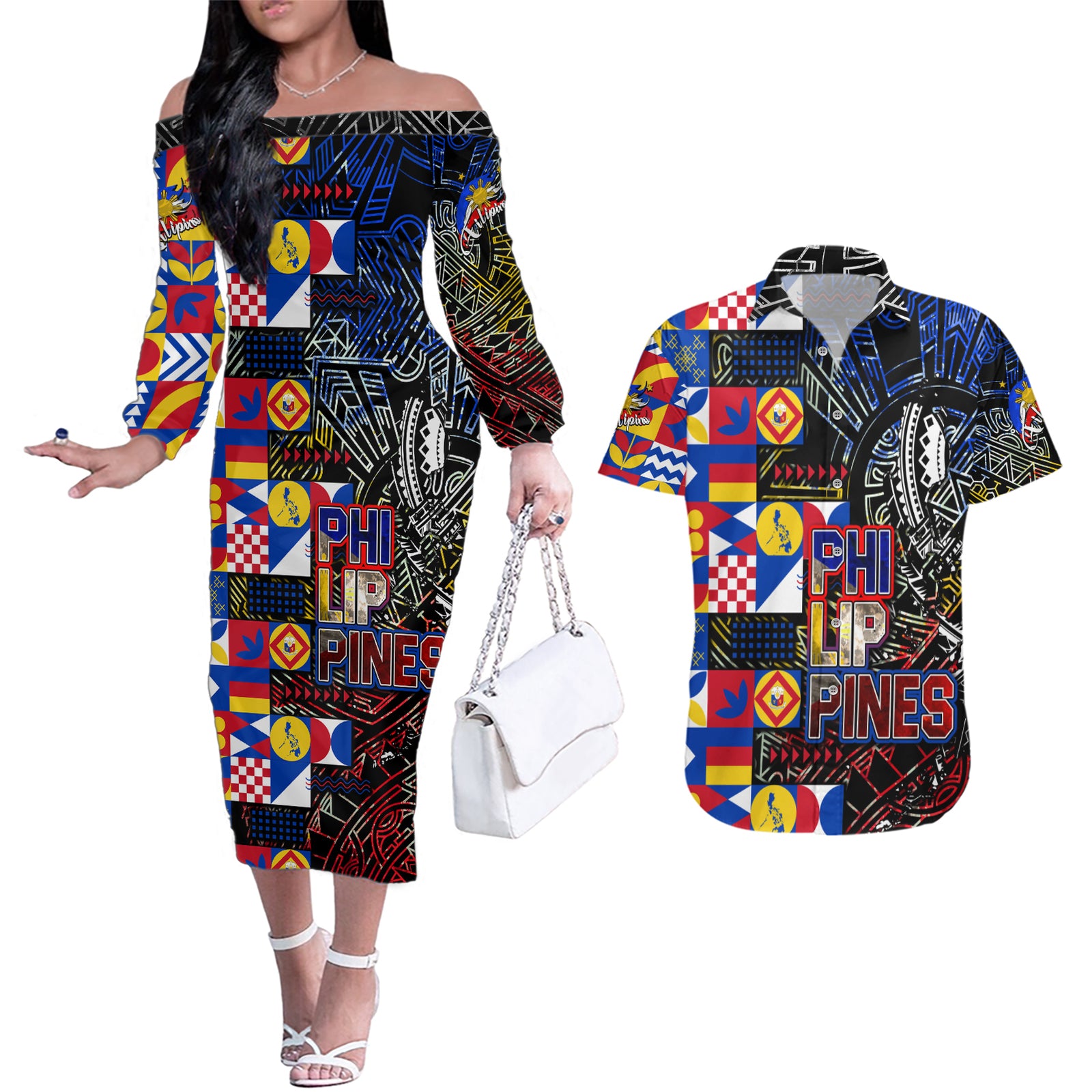 Pinoy Philippines Couples Matching Off The Shoulder Long Sleeve Dress and Hawaiian Shirt Filipino Tattoo Art Style DT02 Art - Polynesian Pride