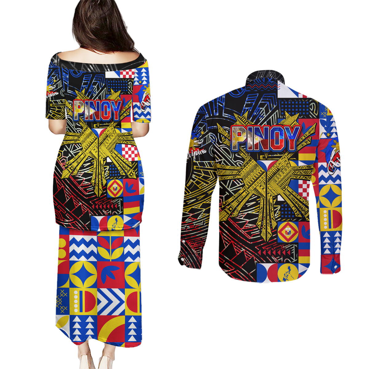 Pinoy Philippines Couples Matching Puletasi Dress and Long Sleeve Button Shirt Filipino Tattoo Art Style DT02 - Polynesian Pride