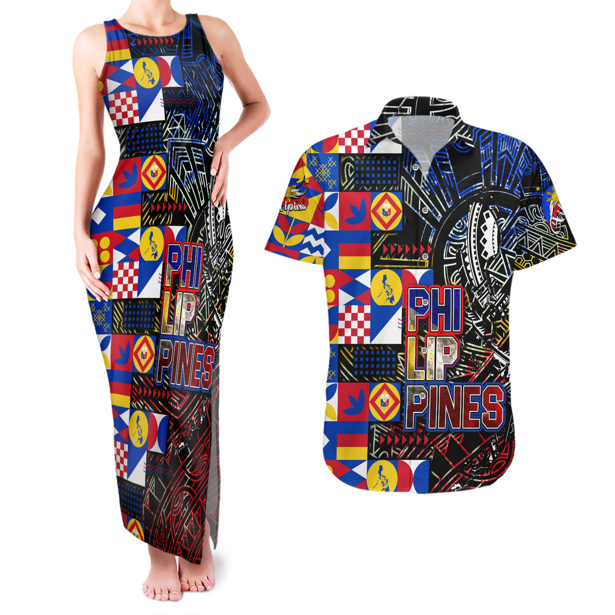 Pinoy Philippines Couples Matching Tank Maxi Dress and Hawaiian Shirt Filipino Tattoo Art Style DT02 Art - Polynesian Pride