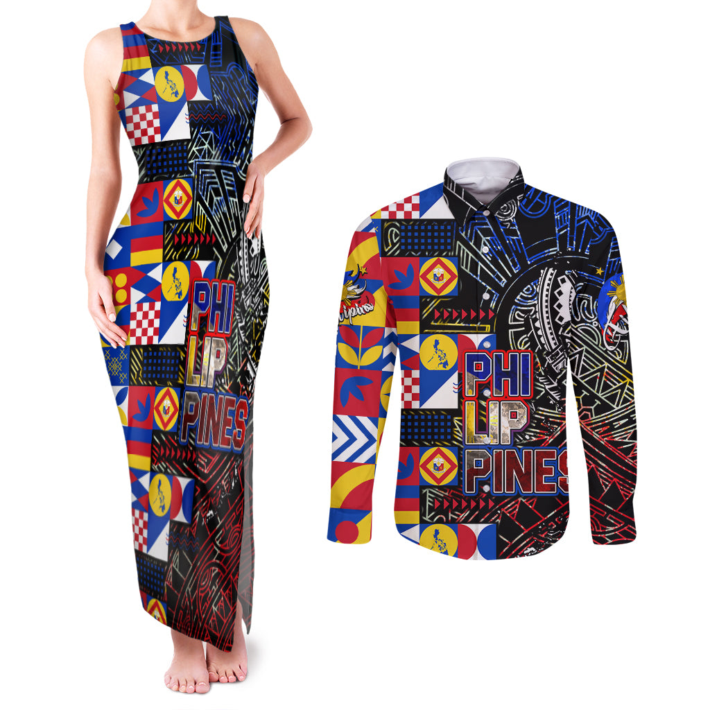 Pinoy Philippines Couples Matching Tank Maxi Dress and Long Sleeve Button Shirt Filipino Tattoo Art Style DT02 Art - Polynesian Pride