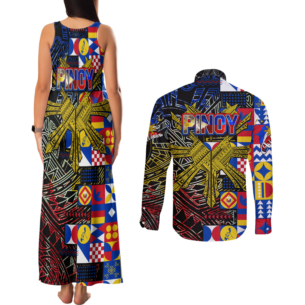 Pinoy Philippines Couples Matching Tank Maxi Dress and Long Sleeve Button Shirt Filipino Tattoo Art Style DT02 - Polynesian Pride