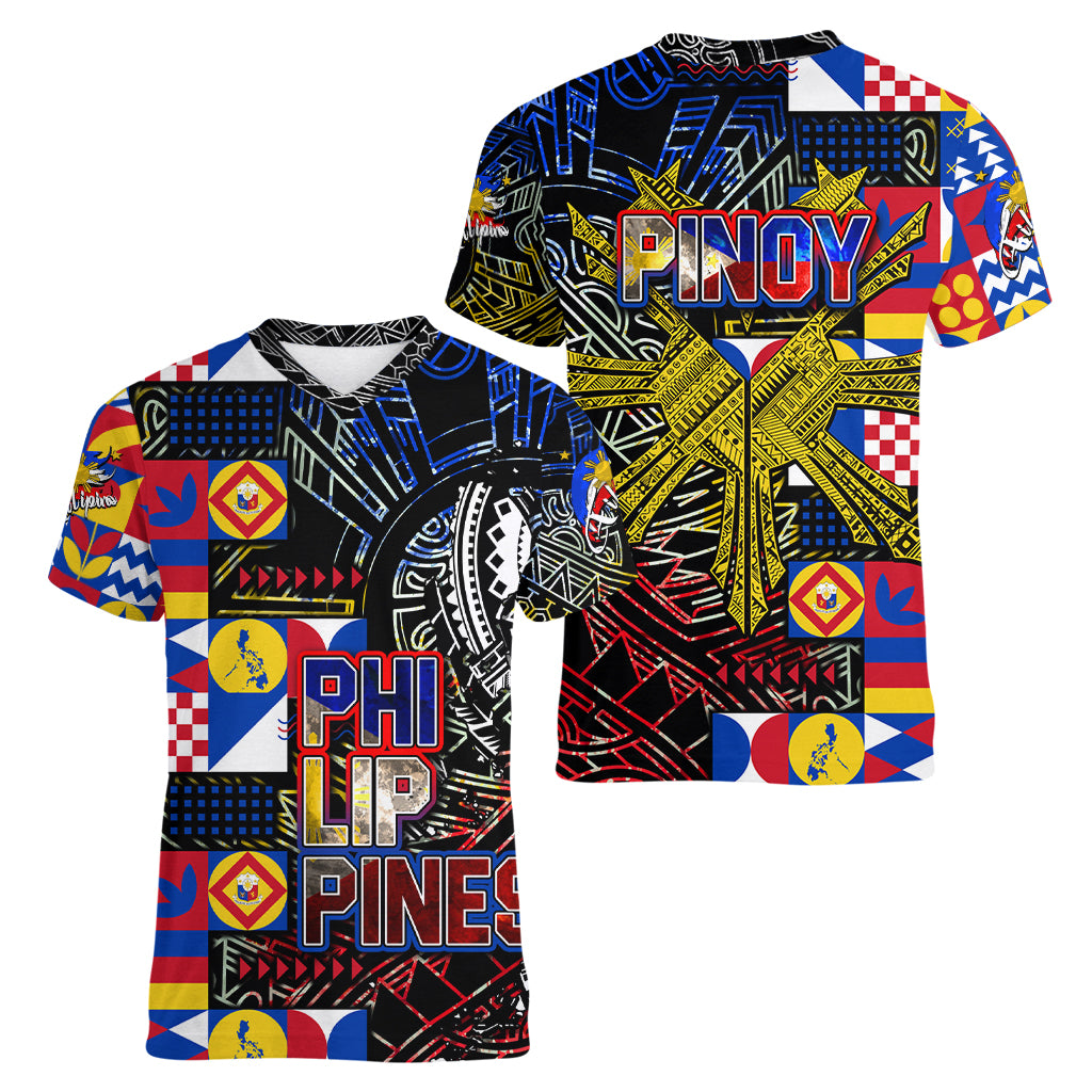 Pinoy Philippines Women V Neck T Shirt Filipino Tattoo Art Style DT02 - Polynesian Pride