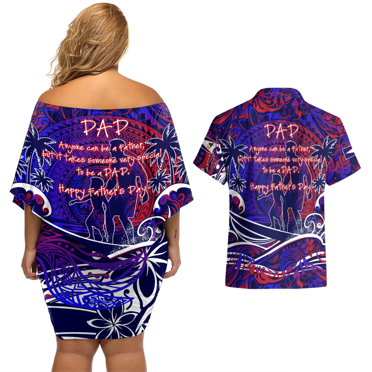 Father's Day American Samoa Couples Matching Off Shoulder Short Dress and Hawaiian Shirt Special Dad Polynesia Paradise