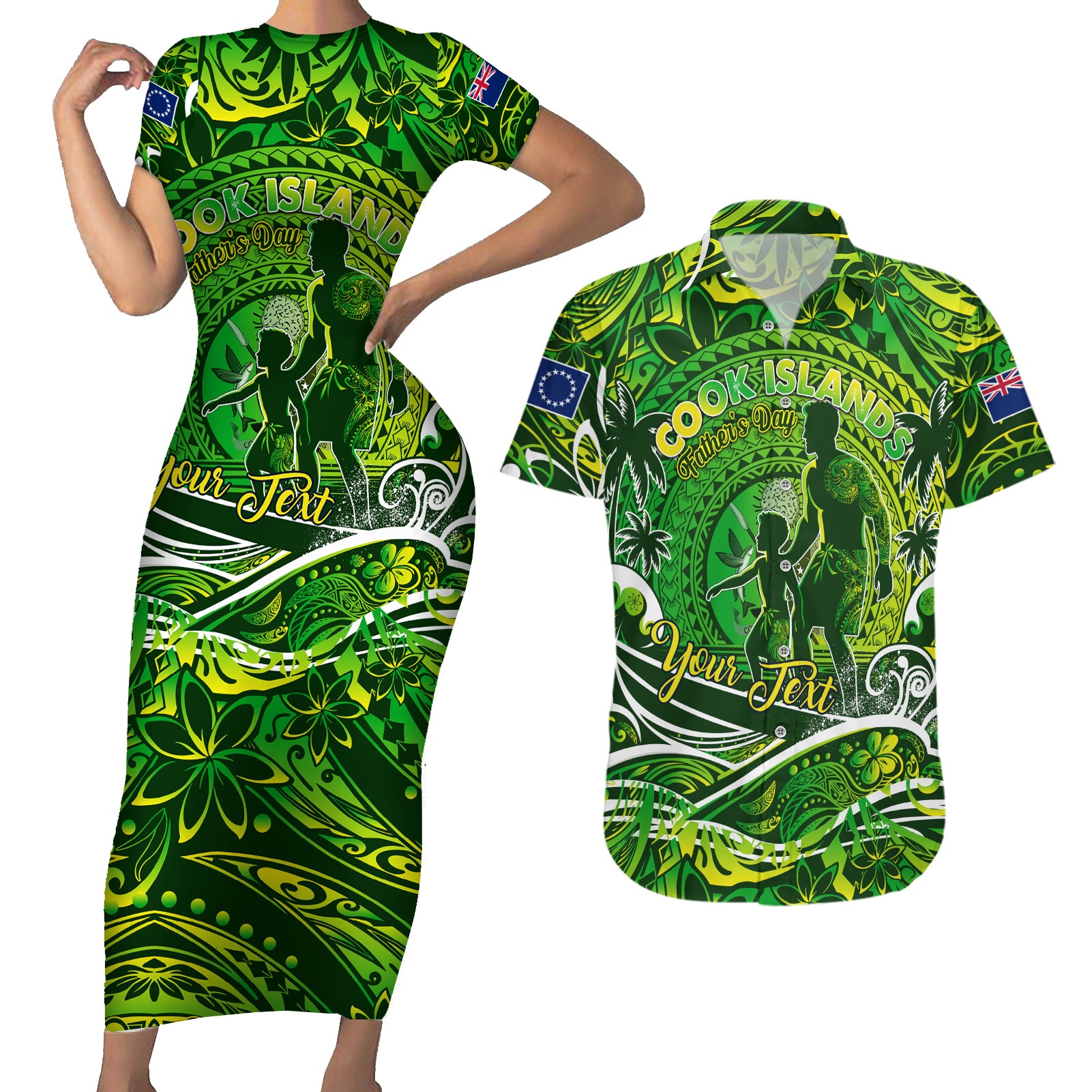 Father's Day Cook Islands Couples Matching Short Sleeve Bodycon Dress and Hawaiian Shirt Special Dad Polynesia Paradise